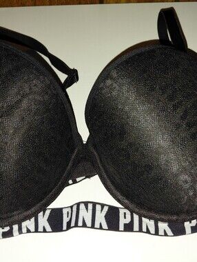 PINK Victoria's Secret Black Lace-Textured Push-Up Bra with Branded Elastic Band